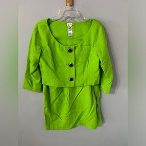 Vintage Anne Klein Lime Green Crop Blazer & Skirt Suit Black Buttons 100% Wool